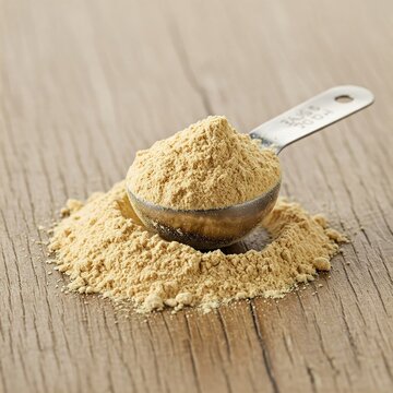 Maca root powder - a measuring tablespoon and pile on wooden surface