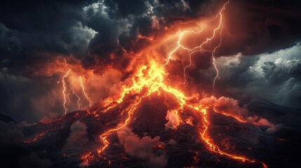 Lava from an active volcano casting fiery light upward as storm clouds bring a show of lightning flashes into the ash-filled skies.