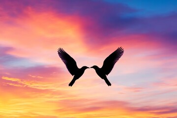 Birds Kissing at Sunset - Two birds silhouetted against a vibrant sunset, appearing to kiss. A romantic and peaceful