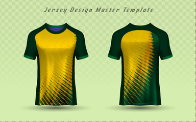 Front and back vector jersey template featuring a dynamic green diagonal line pattern on yellow. Customizable apparel mockup for sport teams or esports. Easy graphic resource. © VectorBloomX