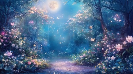 Fototapeta premium Enchanted Moonlight Forest Path: A Dreamlike Fantasy Landscape
