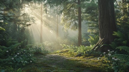 Naklejka premium Sunbeams Illuminate Mossy Forest Path