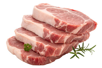 Fresh pork loin chops stack with rosemary and parsley on black background