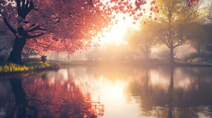 Sunrise lake reflection blooming trees