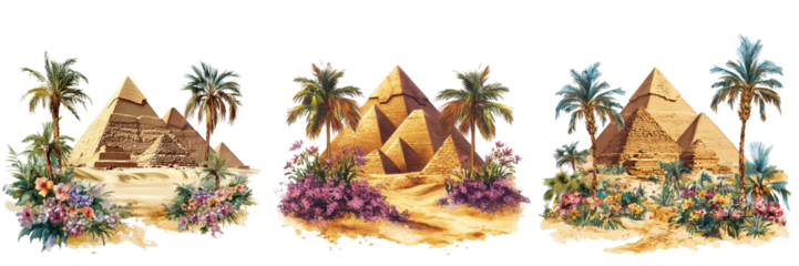 Set of A scenic view of the Great Pyramids of Giza at sunset, framed by tall green palm trees swaying in the foreground on transparent png background. Ai generated