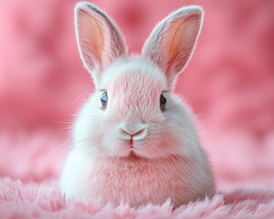 Obraz premium Cute fluffy rabbit sitting on soft pink fur, surrounded by a pastel background
