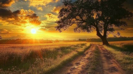 Country road at sunset golden grass field and silhouetted tree
