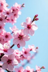 Obraz premium Delicate pink cherry blossoms in full bloom against a clear spring sky , zen, sunlight, pink