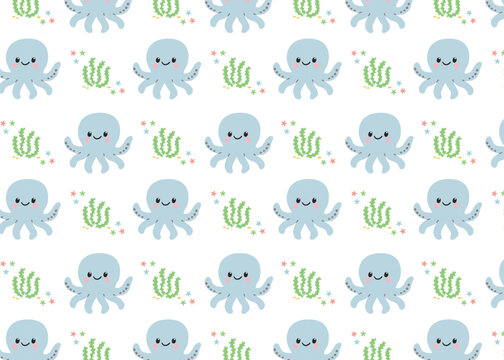 Seamless pattern with smiling blue octopuses, green seaweed and little starfish in flat cartoon style. Childrens underwater design for fabric, packaging, wallpaper and summer themes.