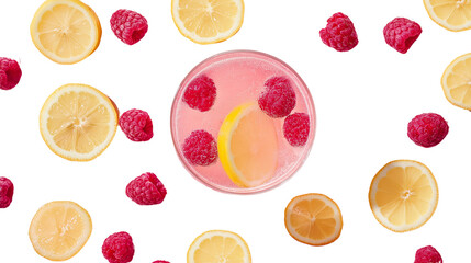 Flat lay of pink lemonade with raspberries and lemon slice, top view composition, cinematic soft shadows, PNG