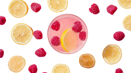 Flat lay of pink lemonade with raspberries and lemon slice, top view composition, cinematic soft shadows, PNG