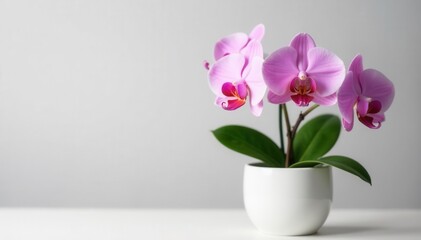Delicate pink orchid blooms in pristine white pot, fragile, macro, petals