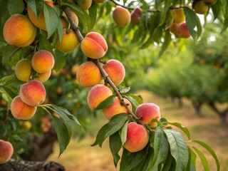 Peach tree with ripe peaches on branch