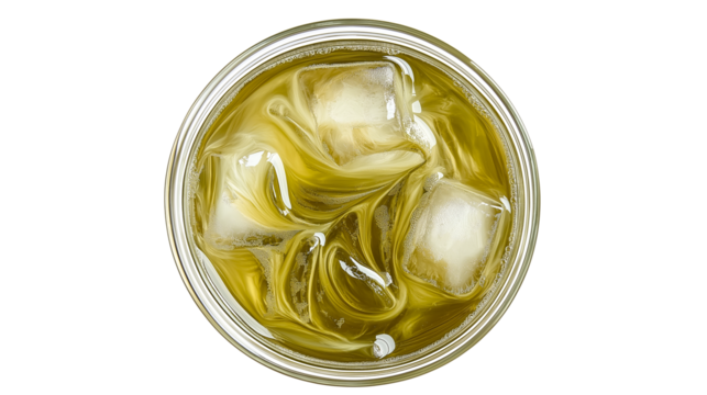 Top view of iced matcha latte in transparent glass with ice cubes and milk swirl, on white background, PNG, high-resolution, cinematic lighting