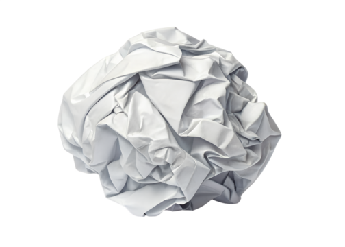 Isolated crumpled white paper ball on black background represents waste and mistakes