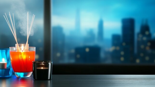 Cityscape Candlelight Ambiance - Scented candles and reed diffuser create a relaxing atmosphere against a blurred city backdrop. Perfect for spa, home, or relaxation themes