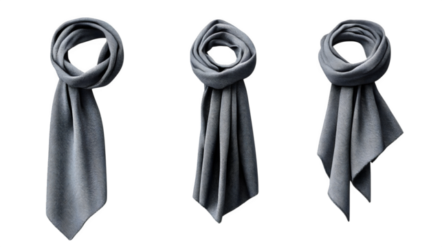 Stylish Gray Scarves Displayed in Three Different Ways on a White Background Perfect for Winter Fashion