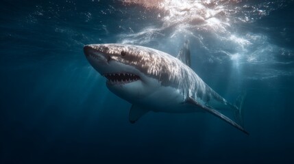 Fototapeta premium A great white shark swimming majestically in the deep ocean, showcasing its powerful form and predatory nature