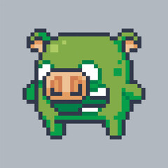 cute smile green pig monster in pixel art style with isolated background