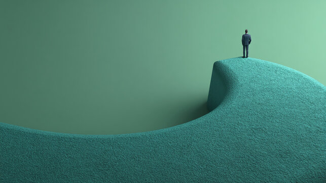 Miniature businessman stands on teal textured surface, overlooking a curved landscape.  Image symbolizes opportunity, decision, or future prospects