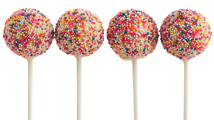 Top view of cake pops with rainbow sprinkles on sticks, minimal and bright, white background