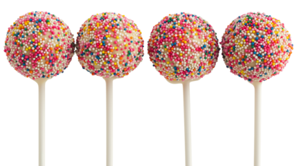 Top view of cake pops with rainbow sprinkles on sticks, minimal and bright, white background