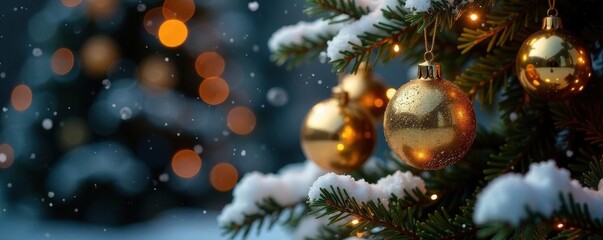 Obraz premium Glowing lights illuminate golden ornaments hanging on a snowy Christmas tree , festive, holiday season, glowing