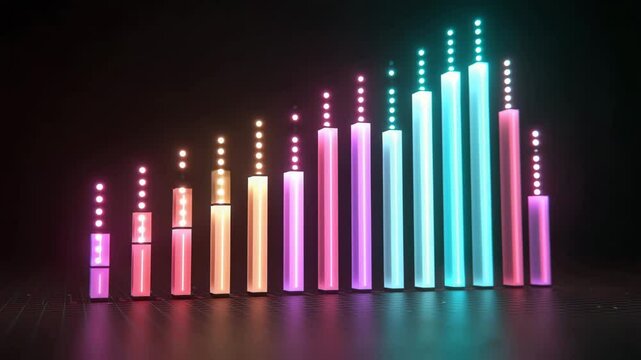 An abstract visualization of a bar chart, showing data growth through vibrant colors. The chart glows against a dark backdrop - Powered by Adobe