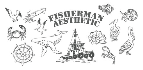 Fisherman Aesthetic Vector Set – Hand Drawn Nautical and Sea Life Illustrations