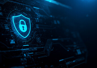 Futuristic cybersecurity Shield icon on virtual data interface background