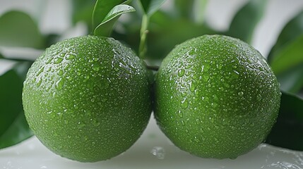 Two green citrus fruits with water droplets and leaves