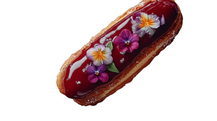 Overhead shot of eclairs with glossy glaze and edible flower decoration, cinematic lighting, PNG 