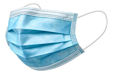 Close up of a blue surgical face mask for virus protection on black