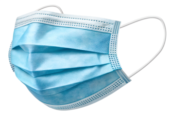 Close up of a blue surgical face mask for virus protection on black
