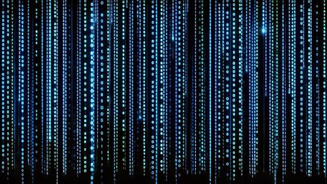 Abstract blue matrix data stream with illuminated digital particles in dark space
