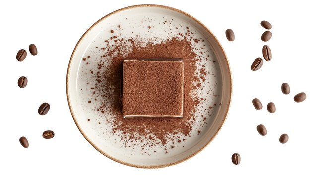 Flat lay of tiramisu square on plate with cocoa dust and coffee beans, isolated white background 