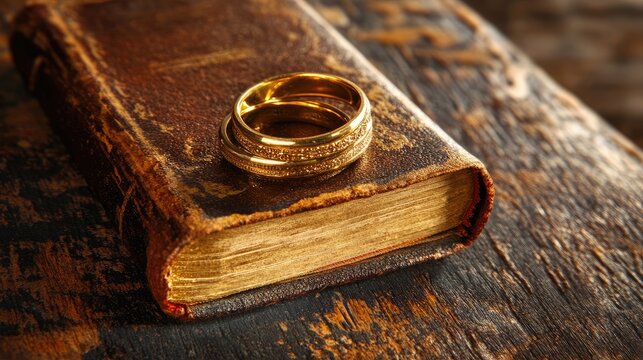 Golden Wedding Rings on Antique Book with Vintage Romance.