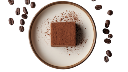 Flat lay of tiramisu square on plate with cocoa dust and coffee beans, isolated white background 