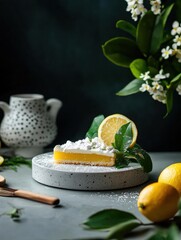 Slice of lemon cake on a grey cake stand. the cake is topped with a dollop of powdered sugar and a slice cut in half.