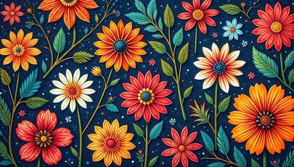 Intricate floral Kalamkari block print, rich color palette , nature, scroll, kalamkari