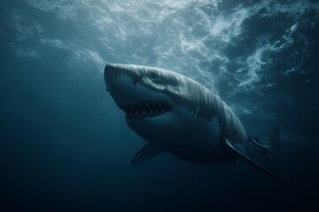 A majestic great white shark gracefully swimming in the deep blue ocean. The shark's powerful presence and sharp teeth are on full display.