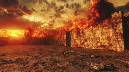 Fototapeta premium Fiery Siege Ancient Walls Under Attack at Sunset.