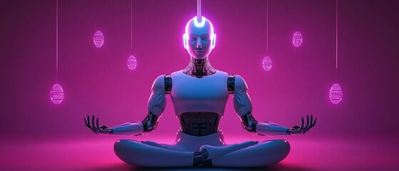 Robot in lotus pose, meditating, surrounded by glowing orbs