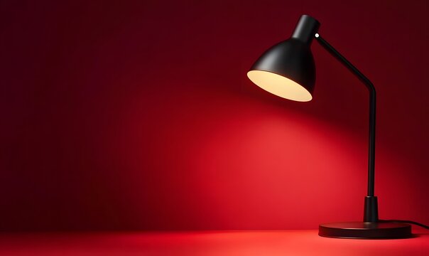 Black Desk Lamp on Red Background: A stylish black desk lamp illuminates a rich red background, casting a warm, inviting glow. The minimalist composition creates a sophisticated and modern atmosphere.