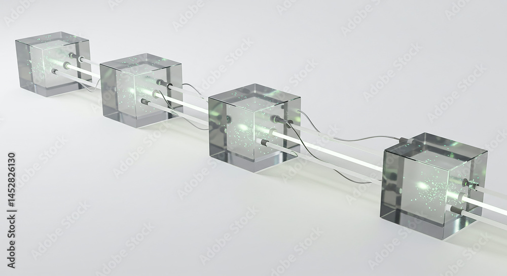 Poster Blockchain technology connecting transparent cubes with futuristic pipes transmitting data