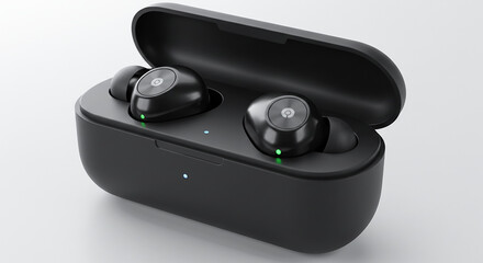 True wireless stereo earbuds are charging in their open black case