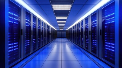 A 4K photo of perspective view of a glowing server corridor with blue dot lights. Ideal for IT services, cloud tech, and futuristic AI visuals.