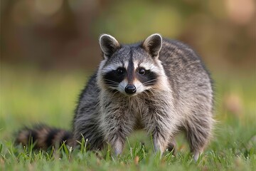 Fototapeta premium A raccoon stands proudly in the vibrant green grassy landscape