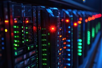 A rack of servers with various blinking indicator lights is displayed