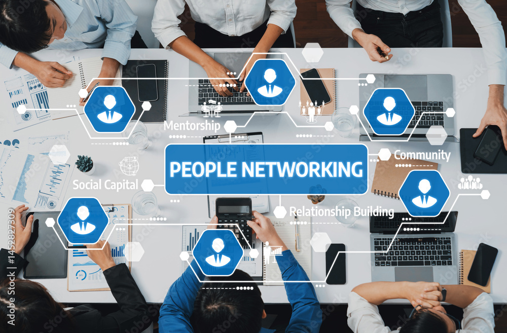 Aufkleber dynamic office scene showcasing diverse professionals engaged in networking activities, fostering me